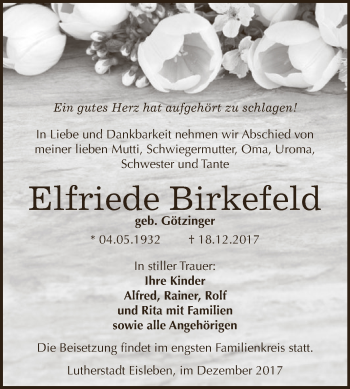 Traueranzeige von Elfriede Birkefeld von Super Sonntag SGH Mansf. Land
