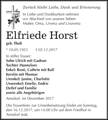 Traueranzeige von Elfriede Horst von Wochenspiegel Mansfelder Land