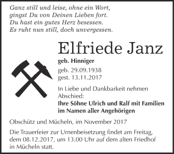 Traueranzeige von Elfriede Janz von WVG - Wochenspiegel Merseburg