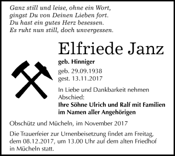 Traueranzeige von Elfriede Janz von Mitteldeutsche Zeitung Merseburg/Querfurt