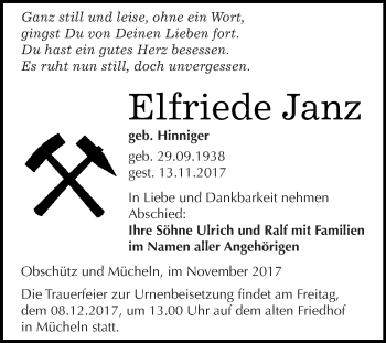 Traueranzeige von Elfriede Janz von WVG - Wochenspiegel Merseburg
