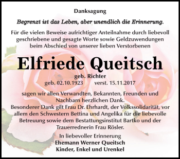Traueranzeige von Elfriede Queitsch von WVG - Wochenspiegel Dessau / Köthen