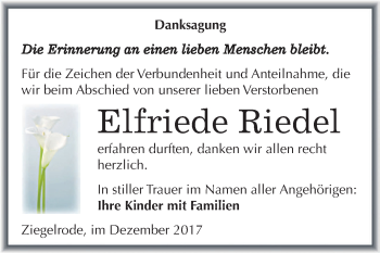 Traueranzeige von Elfriede Riedel von Wochenspiegel Mansfelder Land