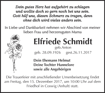 Traueranzeige von Elfriede Schmidt von Super Sonntag Wittenberg