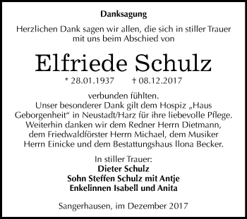 Traueranzeige von Elfriede Schulz von Mitteldeutsche Zeitung Sangerhausen