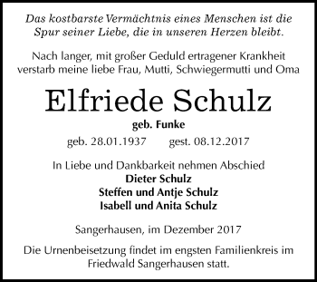 Traueranzeige von Elfriede Schulz von Mitteldeutsche Zeitung Sangerhausen