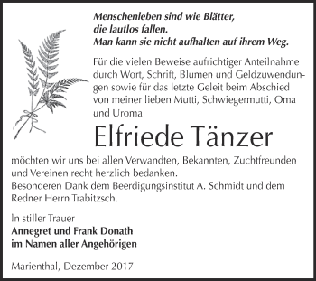 Traueranzeige von Elfriede Tänzer von WVG - Wochenspiegel NMB / WSF / ZTZ