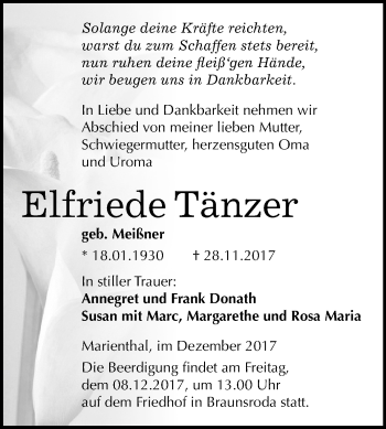 Traueranzeige von Elfriede Tänzer von Mitteldeutsche Zeitung