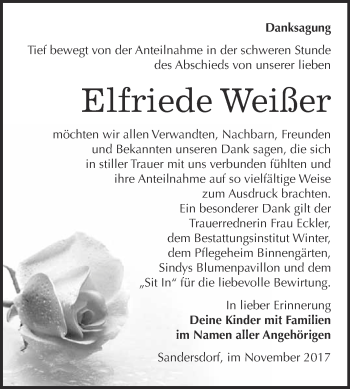 Traueranzeige von Elfriede Weißer von WVG - Wochenspiegel Bitterfeld