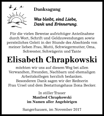 Traueranzeige von Elisabeth Chrapkowski von Mitteldeutsche Zeitung Sangerhausen