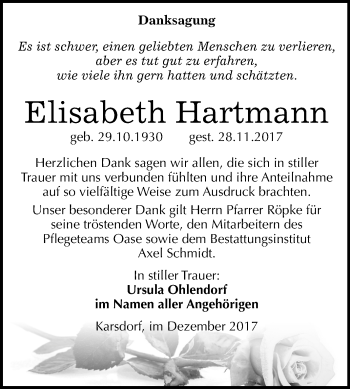 Traueranzeige von Elisabeth Hartmann von Mitteldeutsche Zeitung