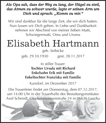 Traueranzeige von Elisabeth Hartmann von WVG - Wochenspiegel NMB / WSF / ZTZ