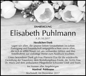 Traueranzeige von Elisabeth Puhlmann von Mitteldeutsche Zeitung Dessau-Roßlau