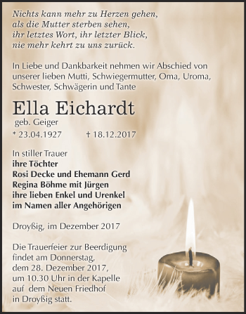 Traueranzeige von Ella Eichardt von Super Sonntag Zeitz