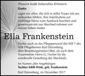 Traueranzeige von Ella Frankenstein von Mitteldeutsche Zeitung Merseburg/Querfurt