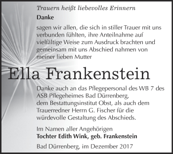 Traueranzeige von Ella Frankenstein von Super Sonntag Merseburg