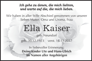Traueranzeige von Ella Kaiser von WVG - Wochenspiegel NMB / WSF / ZTZ