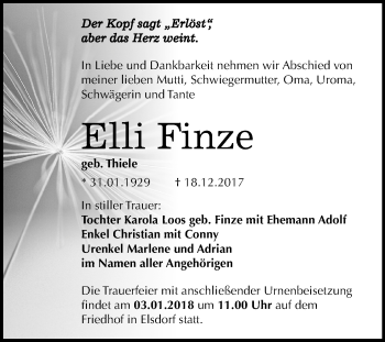 Traueranzeige von Elli Finze von Mitteldeutsche Zeitung