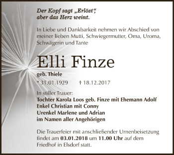 Traueranzeige von Elli Finze von WVG - Wochenspiegel Dessau / Köthen