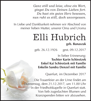 Traueranzeige von Elli Hubrich von Mitteldeutsche Zeitung Merseburg/Querfurt
