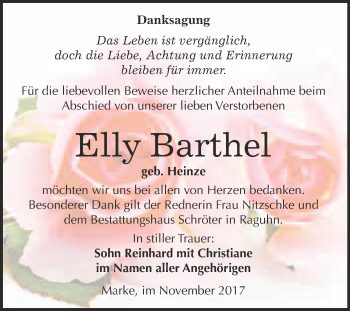 Traueranzeige von Elly Barthel von WVG - Wochenspiegel Bitterfeld