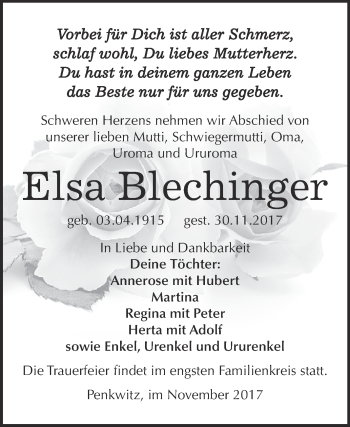Traueranzeige von Elsa Blechinger von Super Sonntag Zeitz