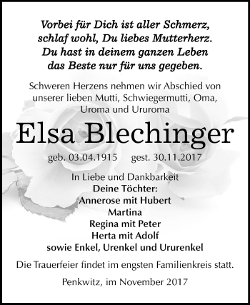 Traueranzeige von Elsa Blechinger von Mitteldeutsche Zeitung Zeitz