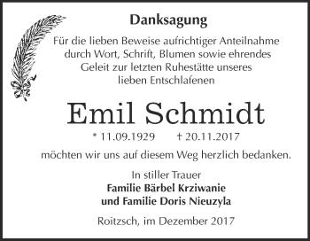 Traueranzeige von Emil Schmidt von WVG - Wochenspiegel Bitterfeld
