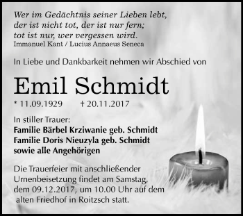 Traueranzeige von Emil Schmidt von WVG - Wochenspiegel Bitterfeld