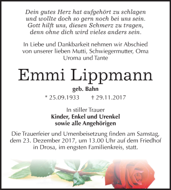 Traueranzeige von Emmi Lippmann von Mitteldeutsche Zeitung Köthen