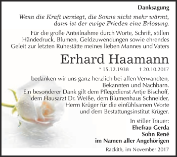 Traueranzeige von Erhard Haamann von WVG - Wochenspiegel Wittenberg