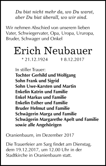 Traueranzeige von Erich Neubauer von WVG - Wochenspiegel Wittenberg