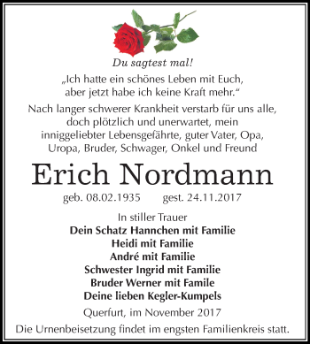 Traueranzeige von Erich Nordmann von Mitteldeutsche Zeitung Merseburg/Querfurt