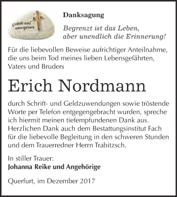 Traueranzeige von Erich Nordmann von WVG - Wochenspiegel Merseburg
