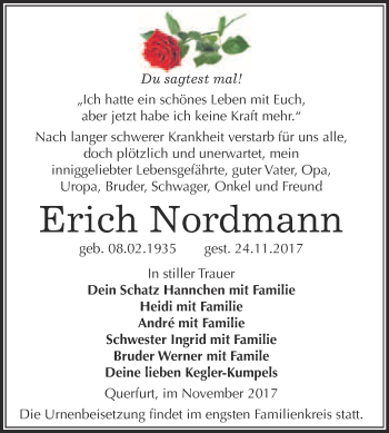Traueranzeige von Erich Nordmann von WVG - Wochenspiegel Merseburg