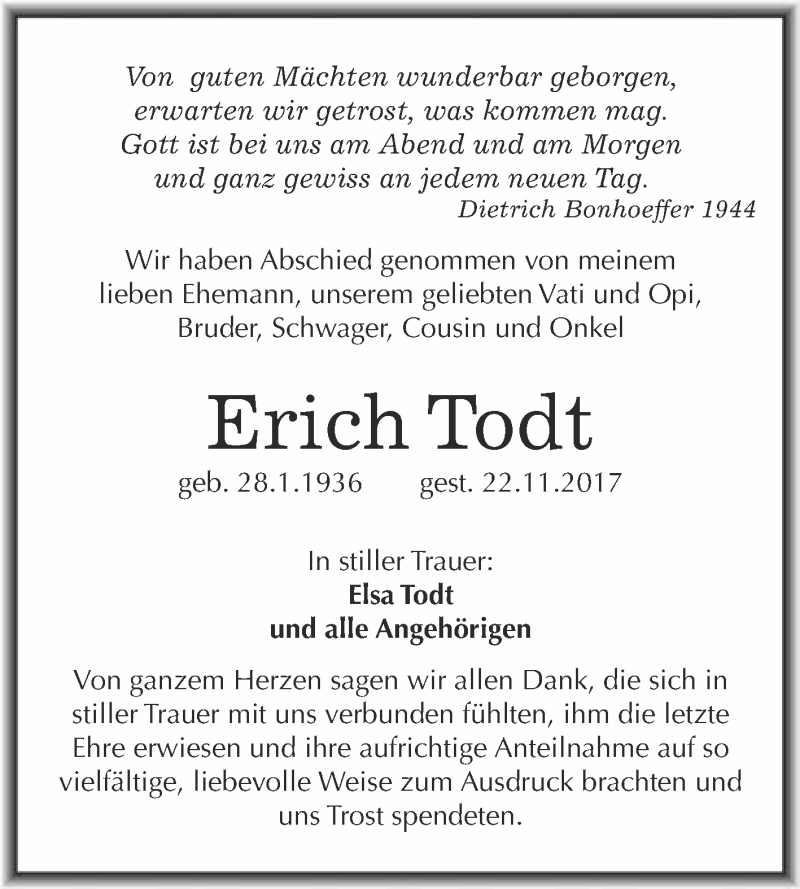  Traueranzeige für Erich Todt vom 06.12.2017 aus WVG - Wochenspiegel Merseburg