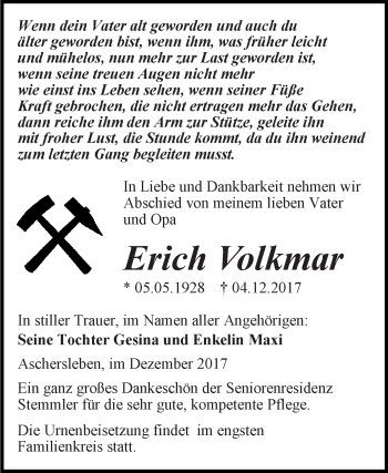 Traueranzeige von Erich Volkmar von Super Sonntag Aschersleben