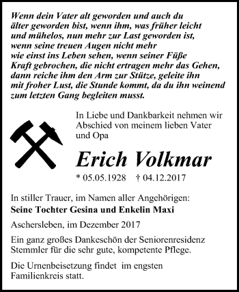 Traueranzeige von Erich Volkmar von Mitteldeutsche Zeitung Aschersleben