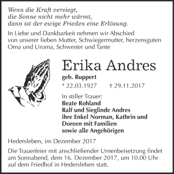 Traueranzeige von Erika Andres von WVG - Wochenspiegel Quedlinburg