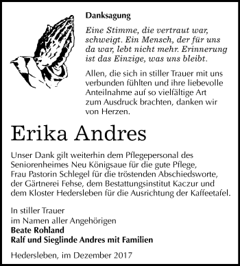 Traueranzeige von Erika Andres von Mitteldeutsche Zeitung Quedlinburg
