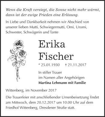 Traueranzeige von Erika Fischer von WVG - Wochenspiegel Wittenberg