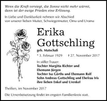 Traueranzeige von Erika Gottschling von Mitteldeutsche Zeitung