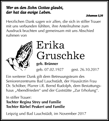 Traueranzeige von Erika Gruschke von WVG - Wochenspiegel Merseburg