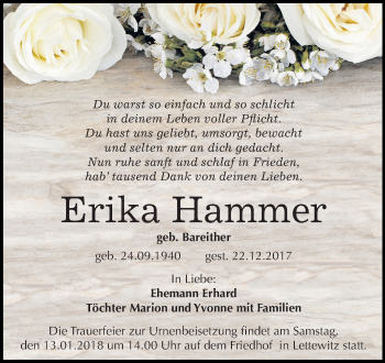 Traueranzeige von Erika Hammer von Mitteldeutsche Zeitung Halle/Saalkreis