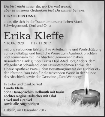 Traueranzeige von Erika Kleffe von WVG - Wochenspiegel Wittenberg