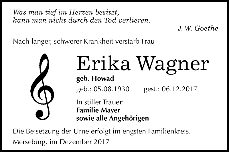  Traueranzeige für Erika Wagner vom 20.12.2017 aus Mitteldeutsche Zeitung Merseburg/Querfurt