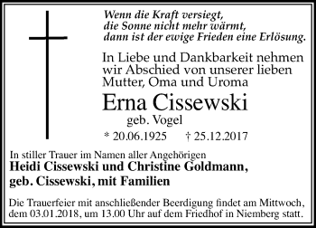 Traueranzeige von Erna Cissewski von Mitteldeutsche Zeitung Halle/Saalkreis