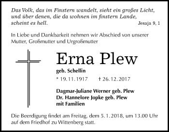 Traueranzeige von Erna Plew von Mitteldeutsche Zeitung