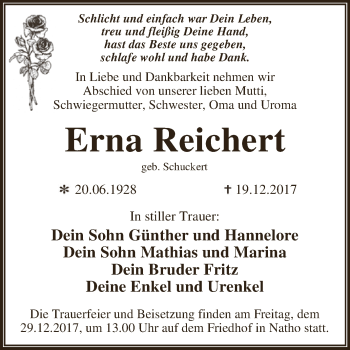 Traueranzeige von Erna Reichert von WVG - Wochenspiegel Dessau / Köthen