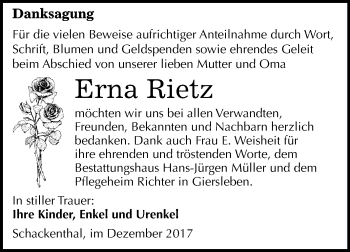 Traueranzeige von Erna Rietz von Mitteldeutsche Zeitung Aschersleben